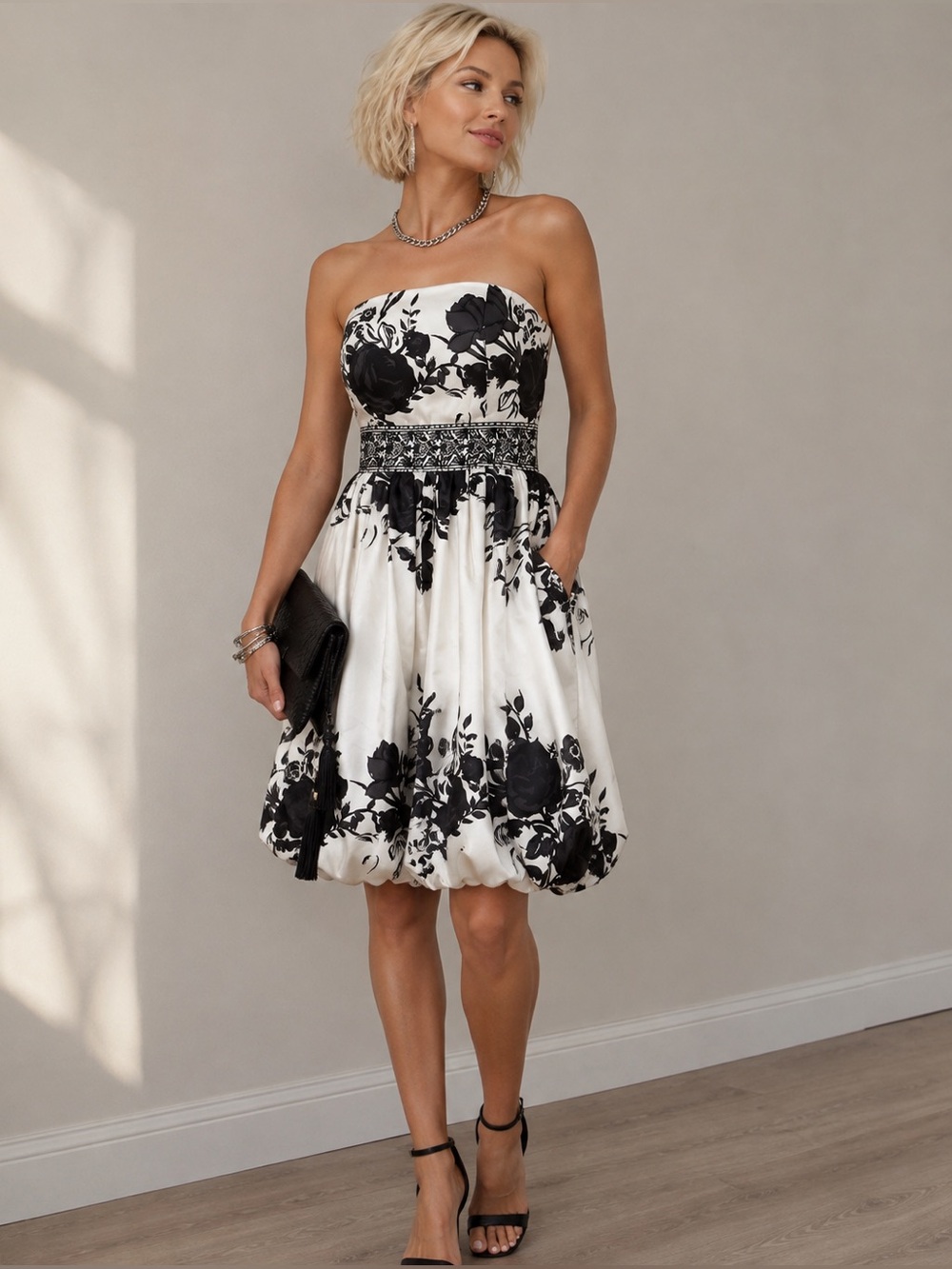 Sz M Forever 21 Black & White Floral Strapless Retro Cocktail Dress